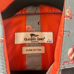 Claudio Lugli 100% Cotton button down. Tropical Flamingos. Purple and red trim!